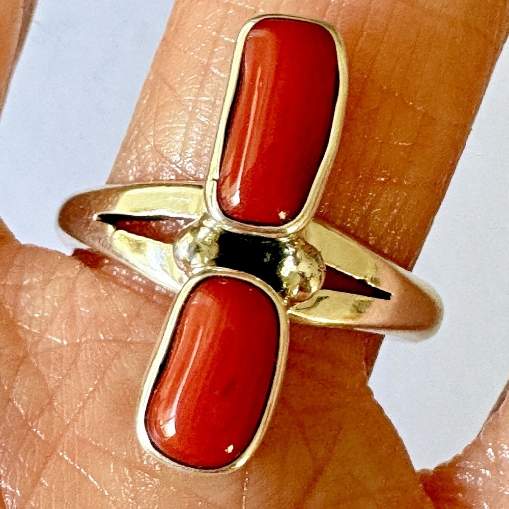 Navajo Red Branch Coral Ring Sz 8 Sterling Signed A Two Stone High Shine Native